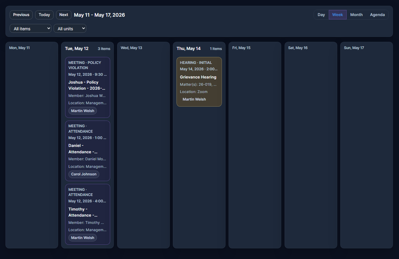 RepliaOS calendar view showing scheduled hearings and coordination across dates