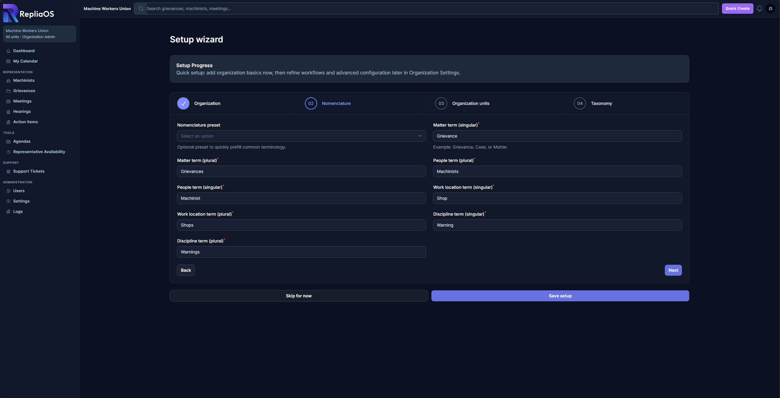 RepliaOS customization setup wizard for configuring terminology, stages, and organizational workflow settings