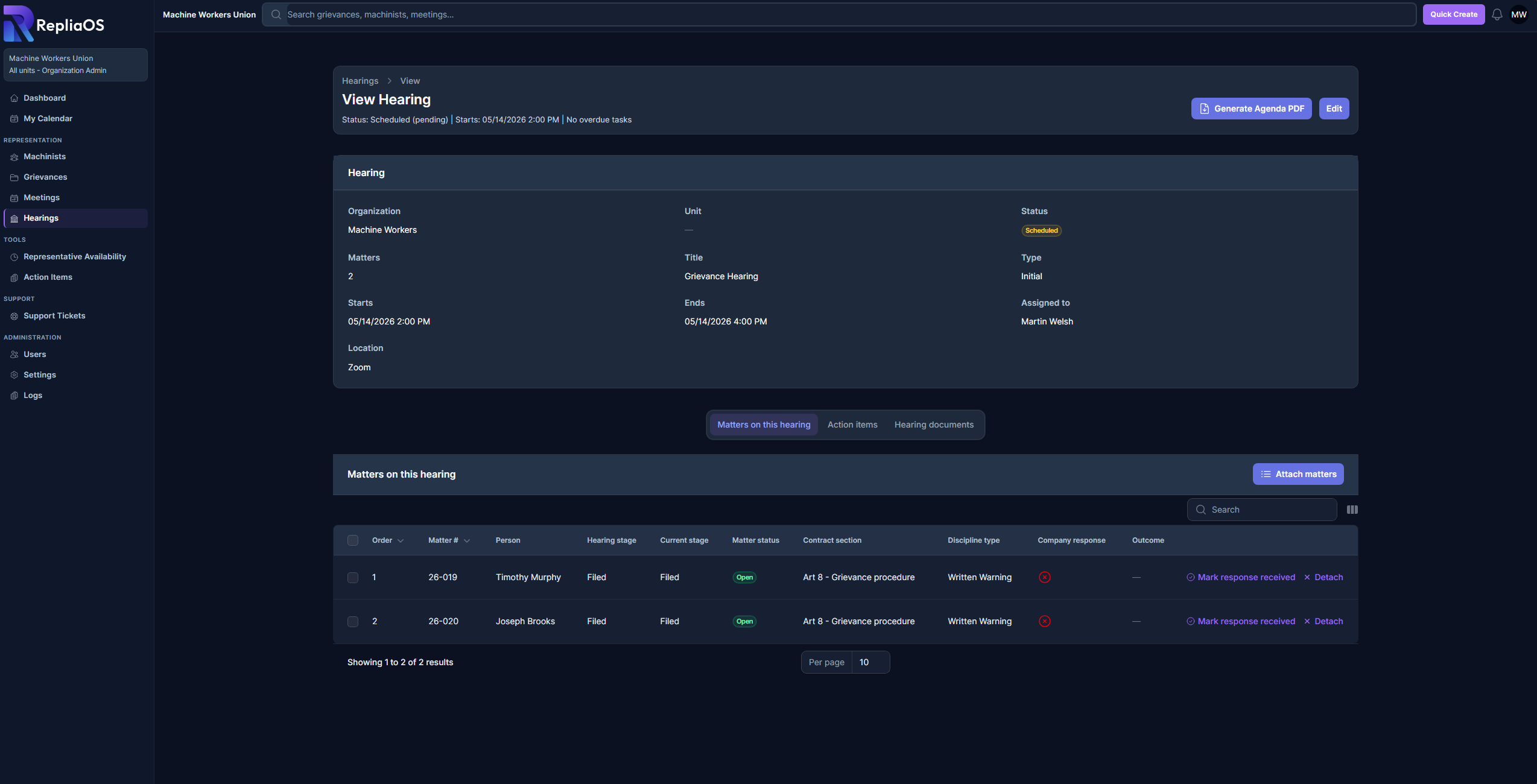 RepliaOS hearing view with agenda structure, linked items, and follow-up workflow