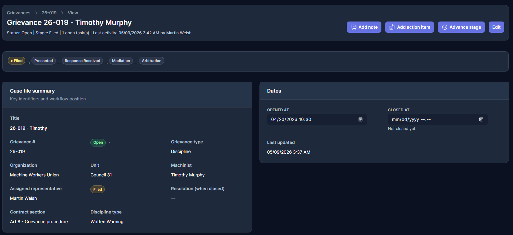 RepliaOS matter detail view showing workflow stage, related information, and activity history