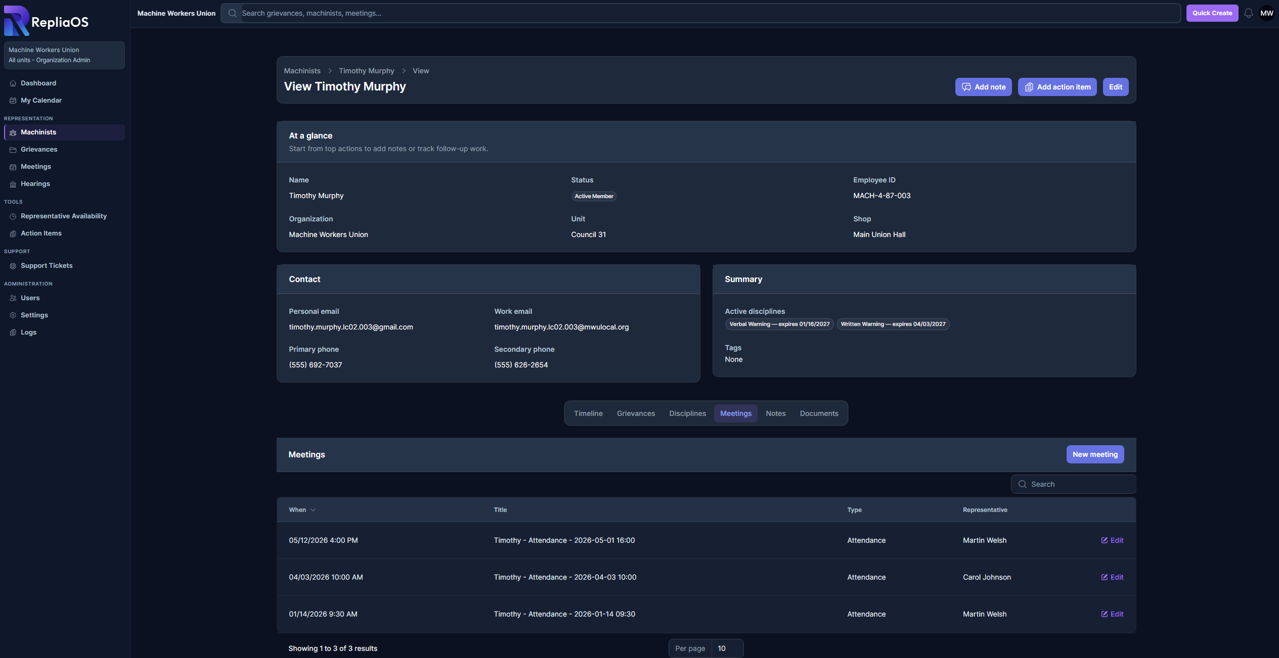 RepliaOS person record showing profile details, linked activity, and connected organizational context