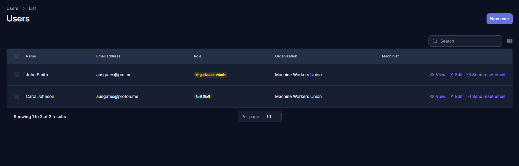 RepliaOS user management view for role-based administrative control